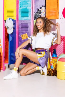 White With Purple & Gold Jersey Bubble Top