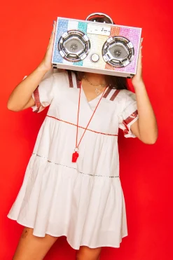 White/Bright Red Poof Sleeve QOS Jersey Dress