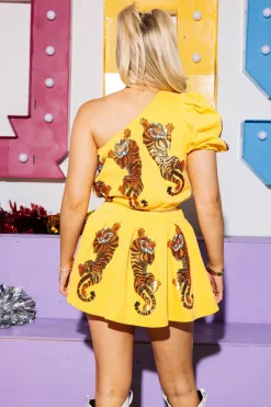 Yellow Crawling Tigers One Shoulder Top